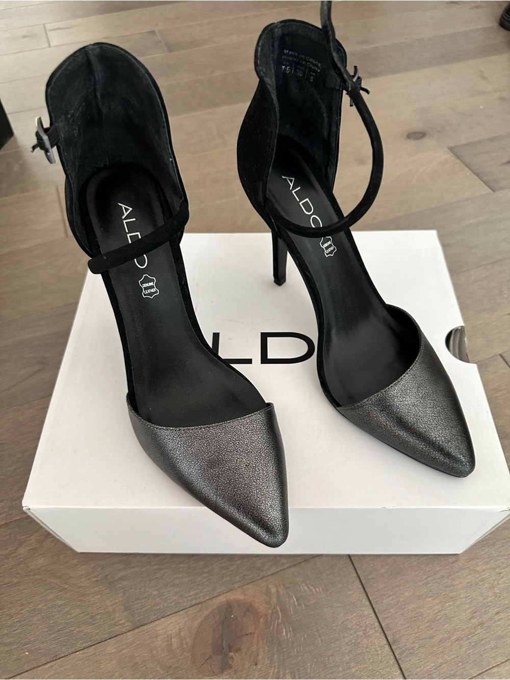 ALDO Black and Metallic Pointed-Toe Ankle-Strap Heels